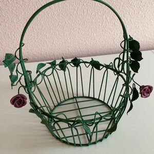 ELEGANT Weathered Green METAL Wire Basket with Delicate LEAF and ROSE Design